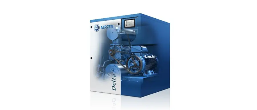 AERZEN Delta Hybrid Screw Blower — มุมมองด้านบน แสดง Casing และ Sound Hood Design