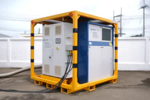 AERZEN Delta Hybrid blower rear view showing hose connections at outdoor depot — AERZEN Rental Thailand